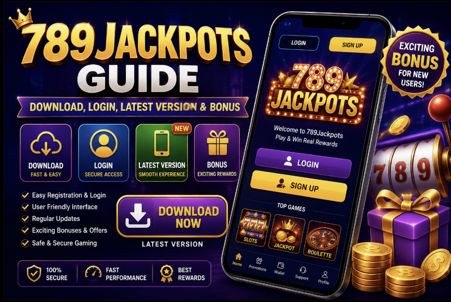 789Jackpots Guide banner featuring a smartphone with the 789Jackpots app interface, highlighting download, login, latest version, and bonus features with casino-themed graphics, coins, slot machine, and a purple gaming background.