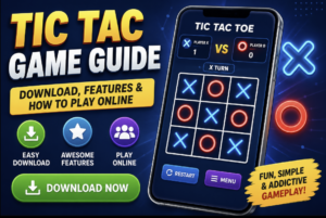Tic Tac Game Guide banner featuring a smartphone with a Tic Tac Toe game screen, bold title text, download button, gameplay icons, and highlights for download, features, and online play on a blue gaming-themed background.